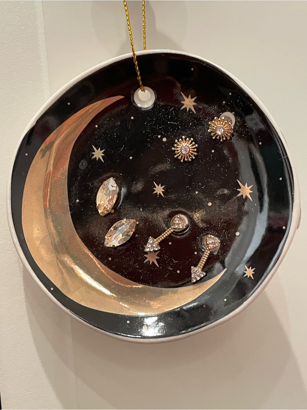 Celestial Black & Gold Trinket Dish holding 3 pairs of Earrings Brand new NWT